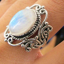 Load image into Gallery viewer, Vintage Large Oval Moonstone Boho Ethnic Antique Silver Pattern Finger Ring