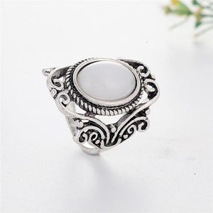 Vintage Large Oval Moonstone Boho Ethnic Antique Silver Pattern Finger Ring