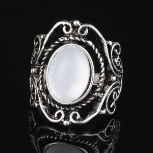 Vintage Large Oval Moonstone Boho Ethnic Antique Silver Pattern Finger Ring