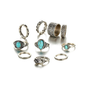 Creative 10PCS Set Simple Vintage Metal Turquoise Geometric Ring