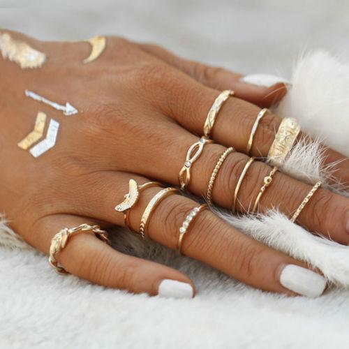 Vintage Women Girls 12pcs Retro Bohemian Gold Tone Ring Set