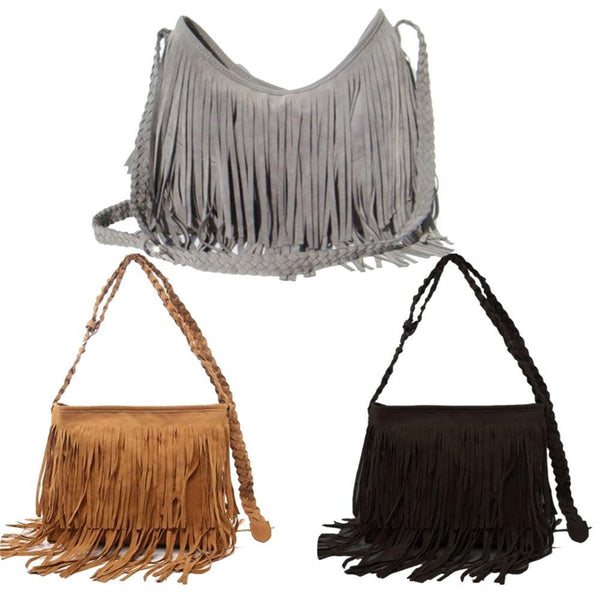 Fashion Boho Women Suede Weave Tassel Shoulder Bag