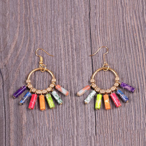 Creative 7 Chakra Colorful Natural Stones Gold Beads Dangle Earrings