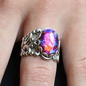 Vintage Silver Oval Purple Fire Opal Women Engagement Wedding Jewelry Rings