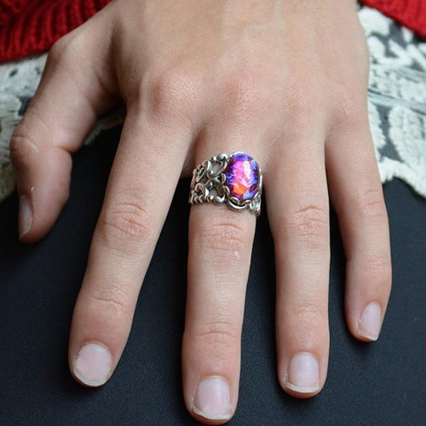 Vintage Silver Oval Purple Fire Opal Women Engagement Wedding Jewelry Rings