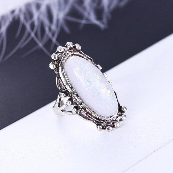 8PCS Oval Natural Stone Women Vintage Retro Color Rings