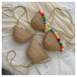 Bohemia Pompom Round Straw Women Summer Rattan Handmade Woven Beach Cross Body Bag