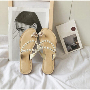 Pearl Summer Women Flat Slippers Fashion Comfortable Casual Outdoor Footwear Sandals