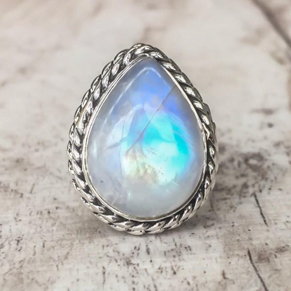 Vintage Water Drop Shape Silver Color Moonstone Women Finger Rings