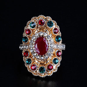 Luxury Jewelry Oval Red Resin Ring Ancient Gold Mosaic Crystal Ring