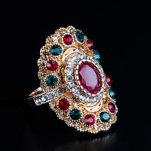 Luxury Jewelry Oval Red Resin Ring Ancient Gold Mosaic Crystal Ring