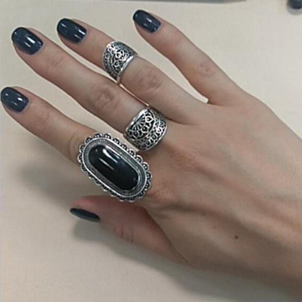 Vintage Silver Color Big Black Rhinestone Rings for Women