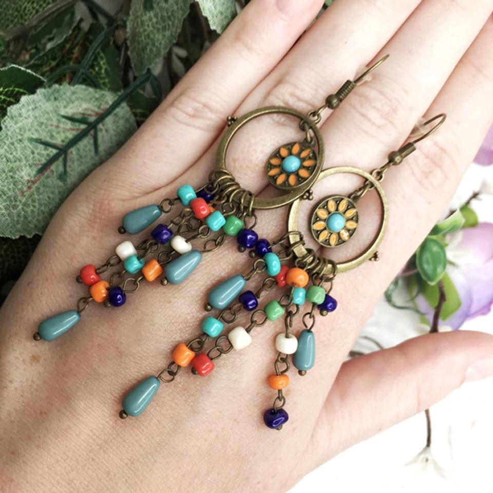Bohemian long acrylic beads tassel drop earrings jewelry for women