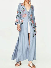Load image into Gallery viewer, National Style Inwrought Floral-Print Long Short Sleeve V Neck Lace-Up Maxi Dress