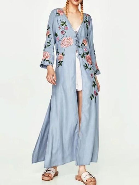 National Style Inwrought Floral-Print Long Short Sleeve V Neck Lace-Up Maxi Dress