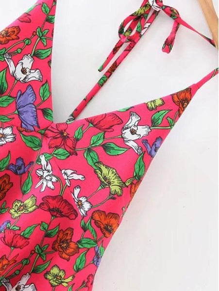 Sexy Floral-Print Off-Shoulder Deep V Neck Strape Jumpsuits