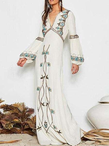 Boho Dress Floral Embroidery White V-Neck Lantern Sleeve Maxi Dress