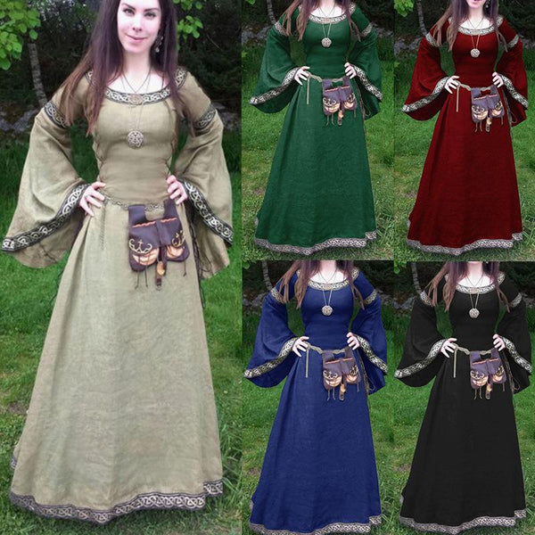Halloween Round Neck Flared Sleeve waist Medieval Large Size Long Dress
