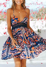 Load image into Gallery viewer, Boho Floral Print Summer Lace-up Ruffles V-neck Mini Dress