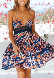 Boho Floral Print Summer Lace-up Ruffles V-neck Mini Dress