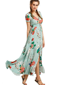Women s Boho V Neck High Waist Slit Floral Maxi Dress