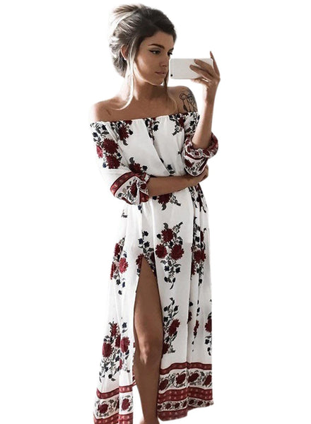 Women s PUff Sleeve Off Shoulder Floral Printed Maxi Dress