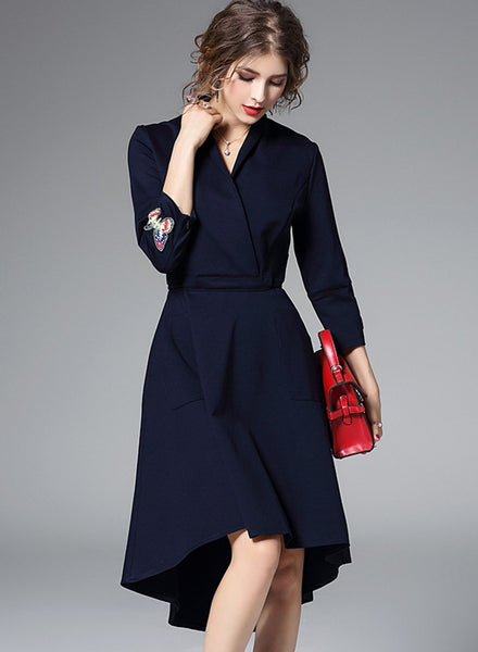 Women s Elegant V Neck 3/4 Sleeve High Low Party Dress