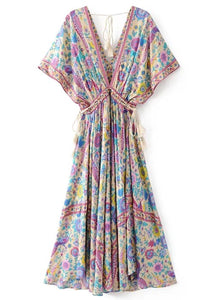Women s V Neck Floral Print Lace up Maxi Dress with Tassel