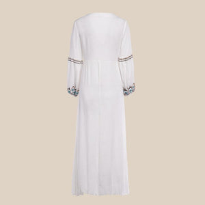 Boho Dress Floral Embroidery White V-Neck Lantern Sleeve Maxi Dress